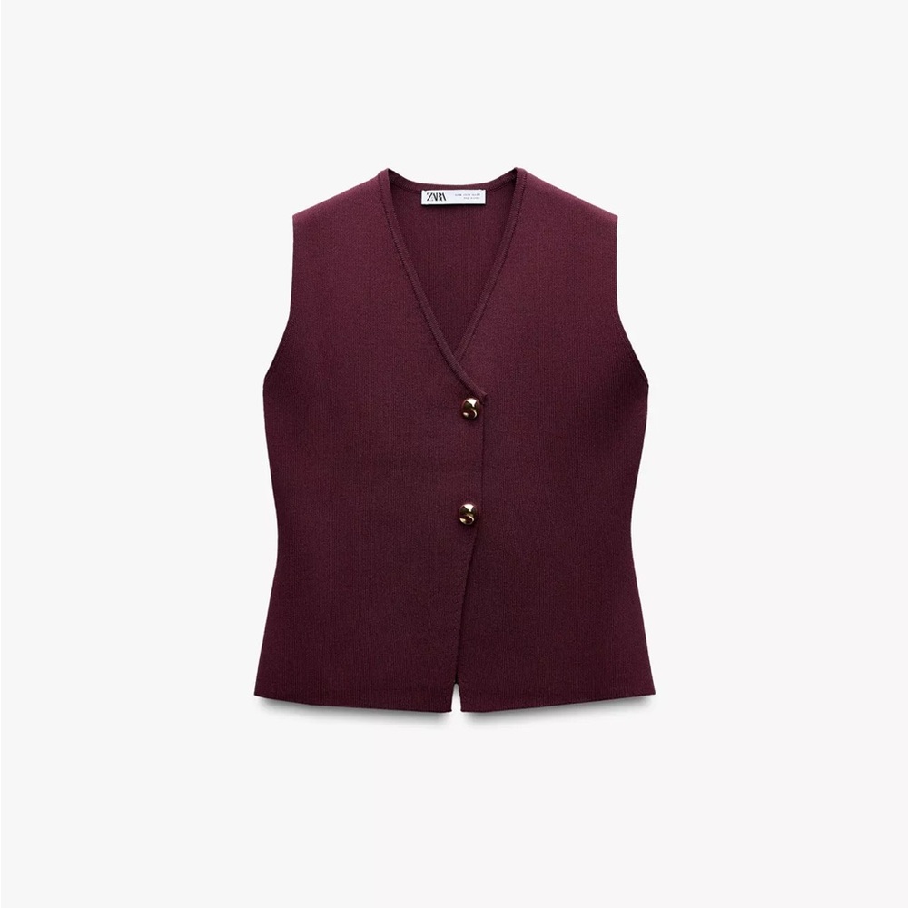 Zara Wine-Red V-Neck Knit Button Vest
